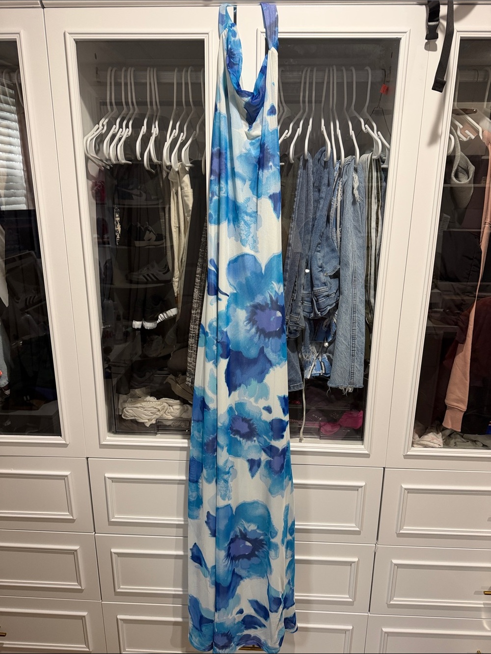 Haute Monde Blue and White Floral Halter Maxi Dress